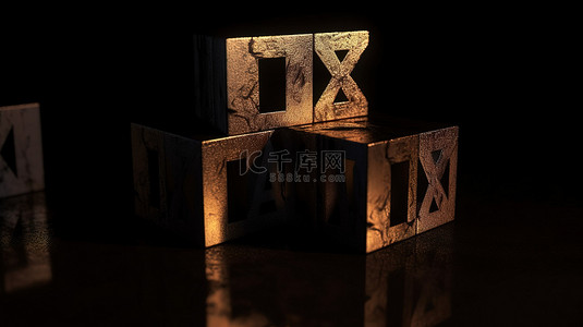 税收 3D 金属立方体的想法，刻有文字，背景为黑色背景，风格又脏又臭