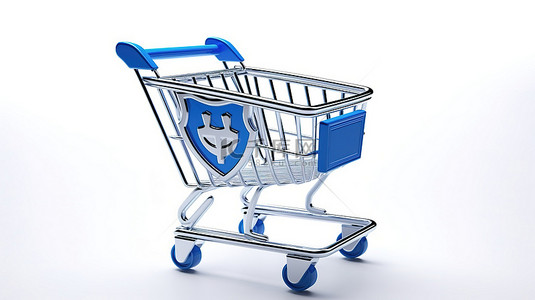 购物车上的蓝色金属盾牌说明消费者保护 3D 渲染图像