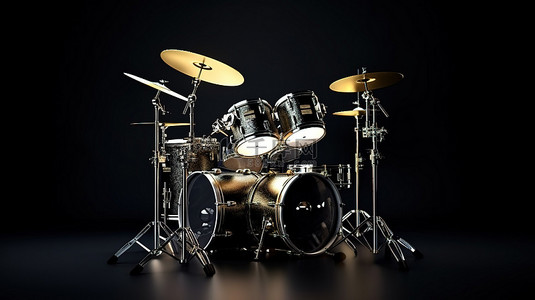 架子鼓架子鼓背景图片_黑色背景下体积光照明的时尚黑色专业鼓套件的 3D 渲染