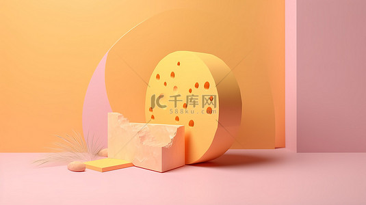 芝士背景图片_3d 渲染的奶酪片非常适合您在白色盘子和柔和的粉红色背景上的下一个烹饪创作