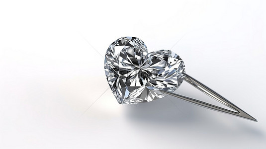 白色背景上用钻石镊子悬挂的心形钻石的 3D 渲染