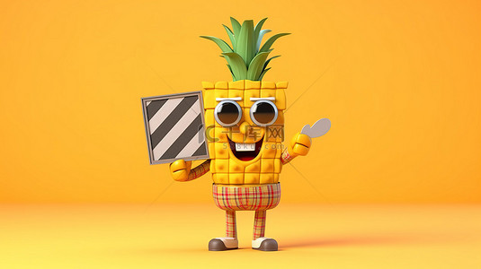 3D 渲染的时髦卡通菠萝人物，黄色背景上带有电影拍板，是一个有趣的时尚吉祥物