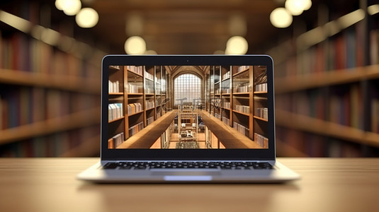 笔记本电脑访问在线图书馆的真实 3D 渲染