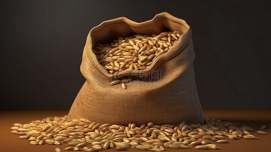 金麦田背景图片_帆布袋的 3D 渲染，装载着丰收的小麦黑麦大麦和燕麦