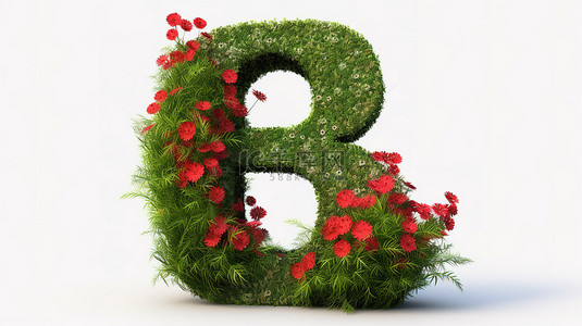 3D 渲染的 8 号装饰着红色的花朵和郁郁葱葱的草孤立的视图