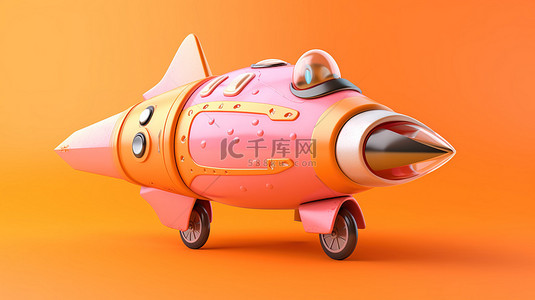 太空卡通背景背景图片_粉红色卡通火箭宇宙飞船在橙色背景下翱翔的 3D 插图，具有充足的复制空间