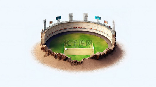 带有地球的圆形板球竞技场剪出了一个无人占用的运动场的 3D 插图