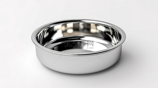 白色背景的 3D 渲染，带有一个空的不锈钢碗，供猫狗和其他宠物使用