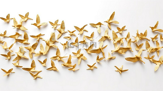 白色背景下金墙装饰中飞鸟的 3D 插图