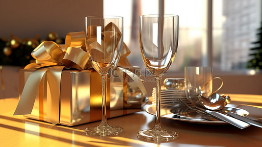 迎接背景图片_节日香槟杯和礼物的 3D 渲染，非常适合迎接新年