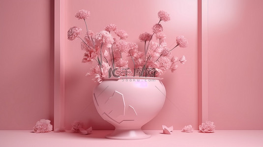 广场舞背景图片_现代时尚展示 3d 呈现粉红色背景与鲜花花瓶空领奖台和广场舞台上的空置基座
