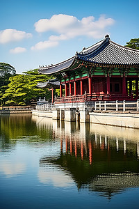 楼亭背景图片_韩国一座长建筑和美丽建筑的景色