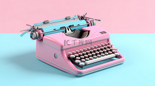 双色调风格的复古粉色打字机在蓝色背景 3D 渲染上呈现出怀旧的气息