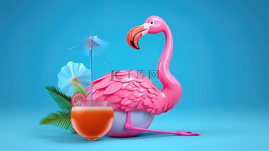 蓝色背景上拿着饮料的粉色充气火烈鸟的 3D 渲染