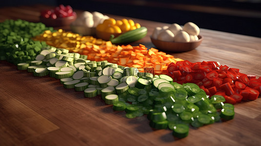 拉新背景图片_在数字渲染的质朴木桌上组织展示切片蔬菜
