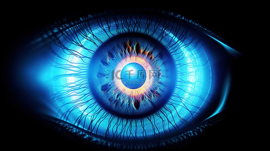 眼睛像素画背景图片_眼睛虹膜角膜和视网膜的 3D 插图，带有发光的蓝色手电筒，逼真的描绘