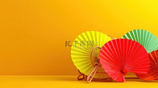 黄色背景下充满活力的 3D 中国灯笼和扇子，有文字或消息的空间