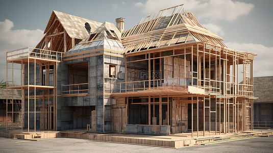 工地施工图背景图片_使用详细的图层和多种材料建造的房屋的 3D 可视化