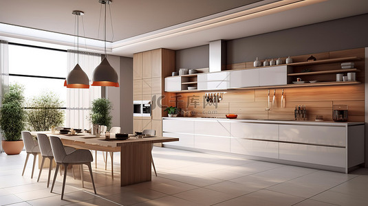 当代室内设计启发厨房家具的 3D 插图