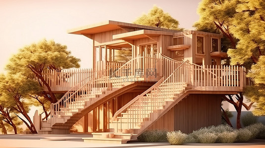 带悬挂露台和楼梯的木屋的建筑概念 3D 插图