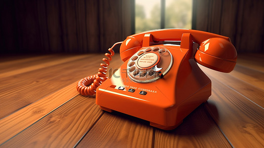 经典旋转电话，采用橙色复古设计，位于质朴的木质桌面 3D 渲染图像上