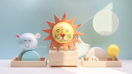早晨的太阳背景图片_迷人的阳光和俏皮的球点缀着 3D 渲染的展示台