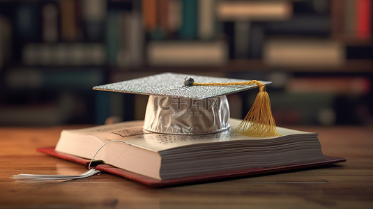 3D 渲染学位帽和有关返校季教育背景的书籍
