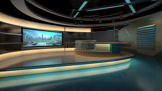 短视频视频框背景图片_虚拟电视演播室新闻集的 3d 渲染