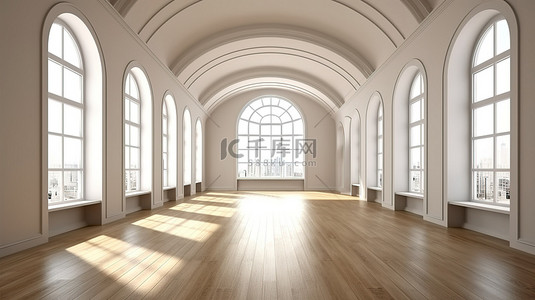 拱形背景图片_阳光明媚的大厅配有拱形窗户和温暖的镶木地板，令人惊叹的 3D 插图