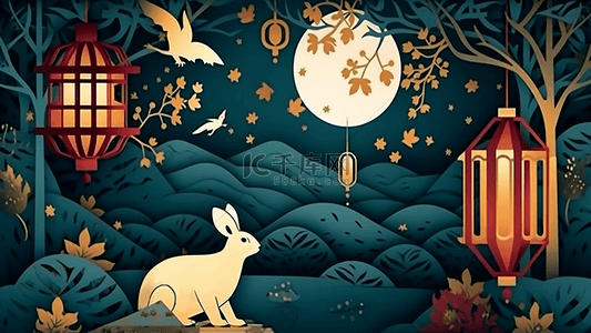 月饼背景图片_中秋节月亮兔子蓝色美丽灯笼路灯