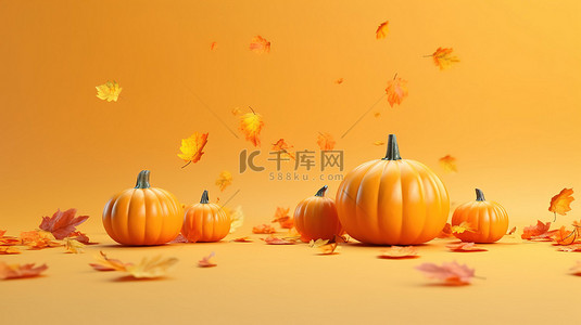 感恩节日背景图片_秋天的喜悦南瓜和落叶在充满活力的橙色背景 3D 渲染中用于节日促销