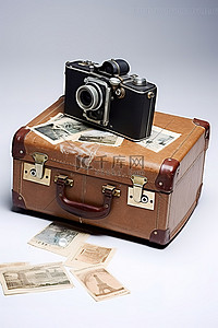 老式黑色手提箱相机和白色背景上的邮票