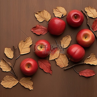 感恩背景图片_木质表面树枝上的红苹果