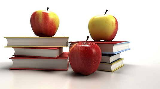白色背景上的一摞书和一个孤独的苹果，以独立的 3D 插图呈现