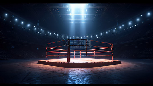 竞技场拳击场的夜间 3D 渲染，周围环绕着绳索，并由泛光灯照明