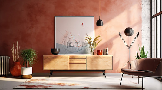 墙绘3d背景图片_花绘餐边柜和植物以 3D 渲染装饰室内客厅