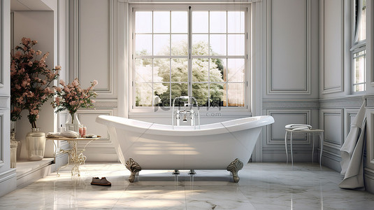 家具背景图片_带豪华浴缸的主浴室的 3d 插图