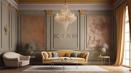 装饰艺术客厅设计师家具威尼斯石膏墙和豪华的金色天花板 3D 渲染