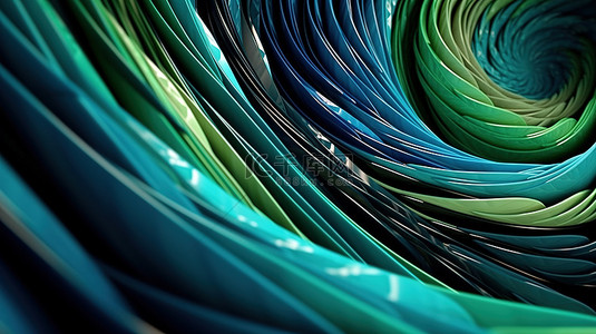 绿色蓝色黑色和米色色调的分组螺旋的彩色抽象插图，具有 3D 渲染