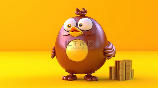 3D 渲染的棕色鸡蛋人的吉祥物，带有存钱罐和充满活力的黄色背景上的金币