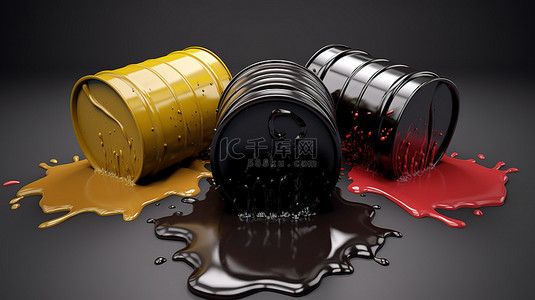 石油能源背景图片_3D 渲染场景中的三桶石油泄漏