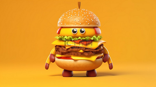 带有汉堡体的快餐超载卡通人物代表 3D 插图中的肥胖问题