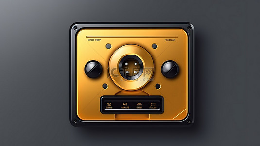 金色色调的标志性复古录音带播放器 3D 渲染 ui ux 元素，带有黑色方形按钮键
