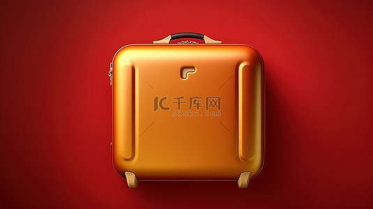 红色哑光金板上的滚动手提箱图标金色行李符号以 3D 形式渲染为社交媒体资产