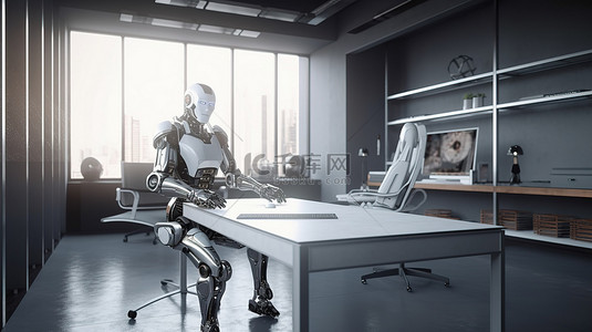科技人工智能背景图片_机器人助理在办公室或会议室工作 3d 渲染