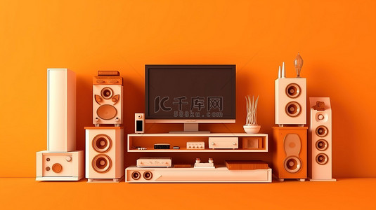 3D渲染中的橙色主题单色家具娱乐系统