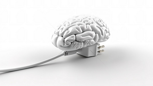 思考图背景图片_电动大脑 3D 渲染白色背景隔离大脑，带电线和插头
