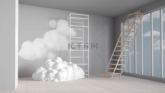 3D 渲染梯子中蓬松的云，位于立方体基座和简约的房间内部