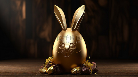3D 渲染的金色复活节彩蛋，装饰着巧克力制成的兔子耳朵