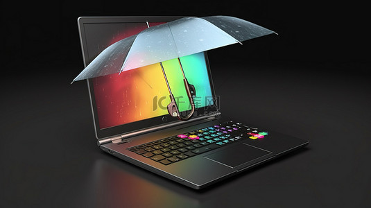 纸牌符号背景图片_受保护的笔记本电脑 3D 渲染，屏幕上有游戏符号，被雨伞遮挡